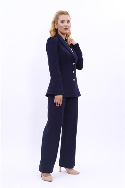 Yakalı Model Ceket  & Bol Paça Pantolon Kadın Takım Elbise-Lacivert