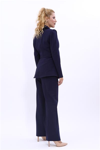 Yakalı Model Ceket  & Bol Paça Pantolon Kadın Takım Elbise-Lacivert