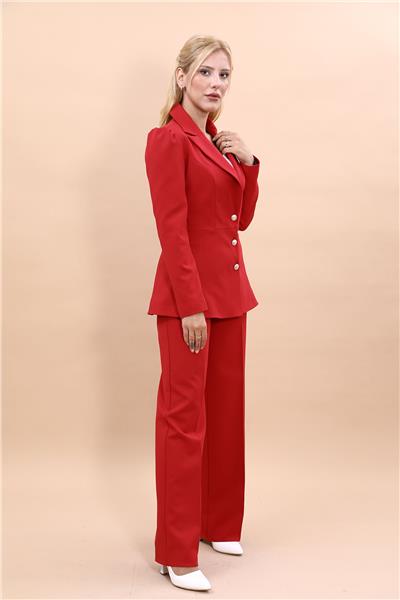 Yakalı Model Ceket  & Bol Paça Pantolon Kadın Takım Elbise-Kırmızı
