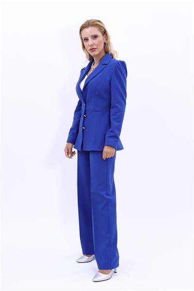 Yakalı Model Ceket  & Bol Paça Pantolon Kadın Takım Elbise-Saks