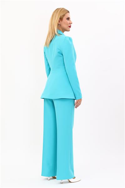 Yakalı Model Ceket  & Bol Paça Pantolon Kadın Takım Elbise-Turkuaz