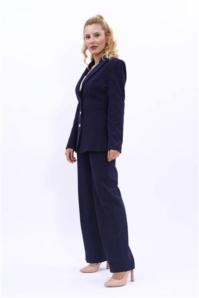 Yakalı Model Ceket  & Bol Paça Pantolon Kadın Takım Elbise-Lacivert