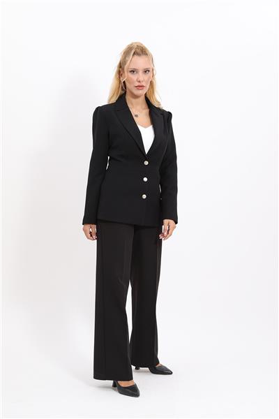 Yakalı Model Ceket  & Bol Paça Pantolon Kadın Takım Elbise-Siyah