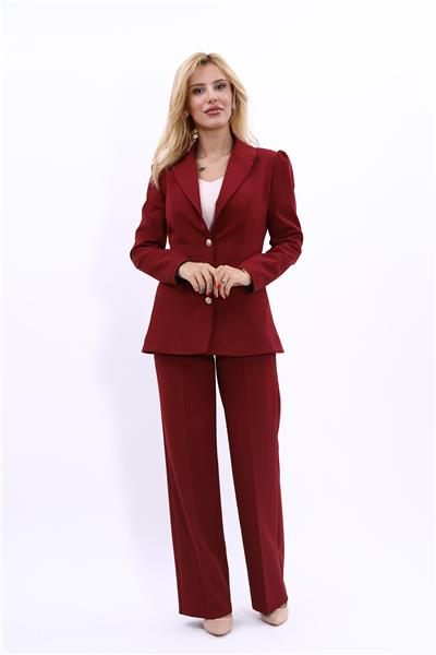 Yakalı Model Ceket  & Bol Paça Pantolon Kadın Takım Elbise-Bordo
