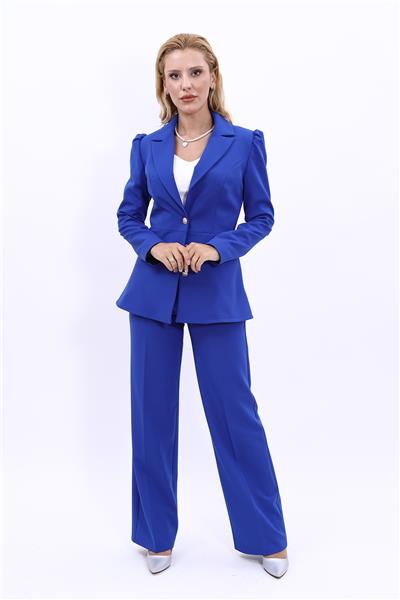 Yakalı Model Ceket  & Bol Paça Pantolon Kadın Takım Elbise-Saks