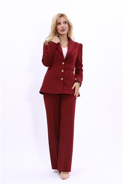 Yakalı Model Ceket  & Bol Paça Pantolon Kadın Takım Elbise-Bordo