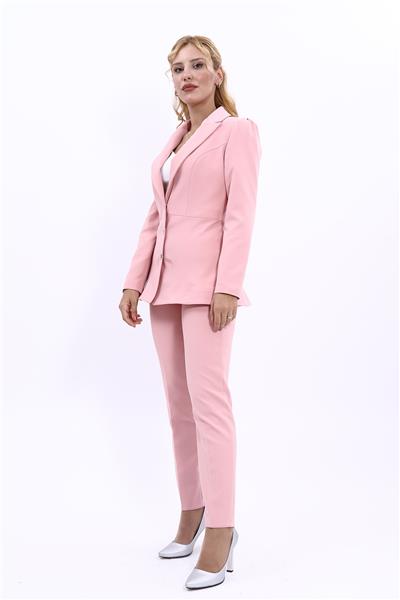 Yakalı Model Ceket  & Dar Paça Pantolon Kadın Takım Elbise-Pudra