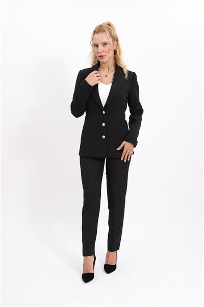 Yakalı Model Ceket  & Dar Paça Pantolon Kadın Takım Elbise-Siyah