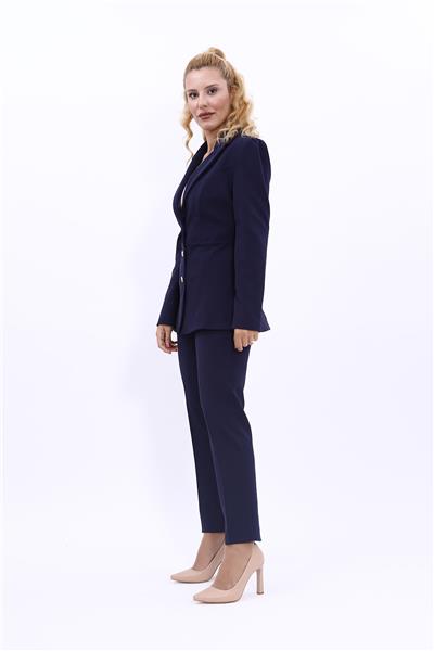 Yakalı Model Ceket  & Dar Paça Pantolon Kadın Takım Elbise-Lacivert