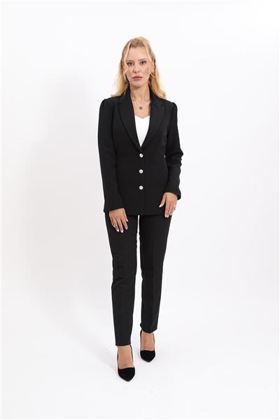 Yakalı Model Ceket  & Dar Paça Pantolon Kadın Takım Elbise-Siyah