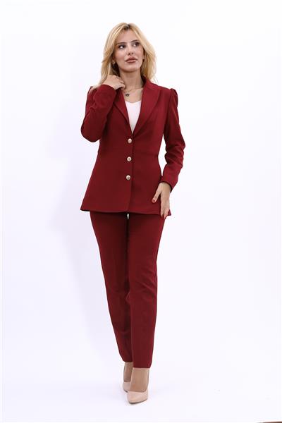 Yakalı Model Ceket  & Dar Paça Pantolon Kadın Takım Elbise-Bordo