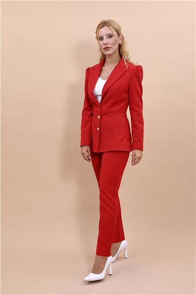 Yakalı Model Ceket  & Dar Paça Pantolon Kadın Takım Elbise-Kırmızı
