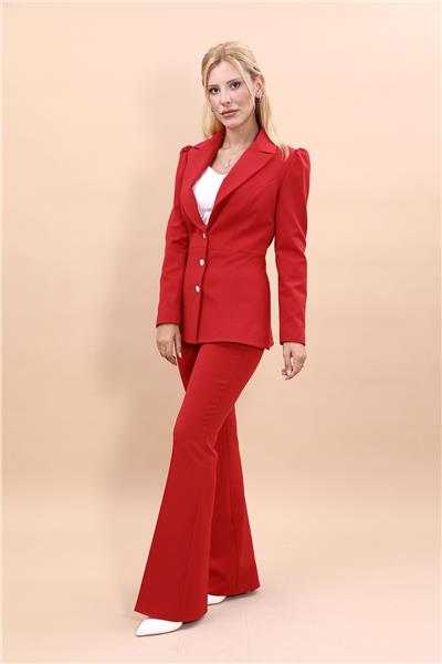 Yakalı Model Ceket  & İspanyol Paça Pantolon Kadın Takım Elbise -Kırmızı