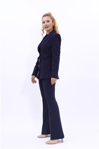 Yakalı Model Ceket  & İspanyol Paça Pantolon Kadın Takım Elbise -Lacivert