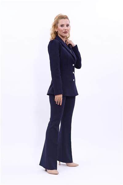 Yakalı Model Ceket  & İspanyol Paça Pantolon Kadın Takım Elbise -Lacivert