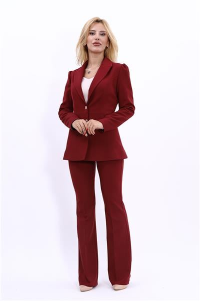 Yakalı Model Ceket  & İspanyol Paça Pantolon Kadın Takım Elbise -Bordo