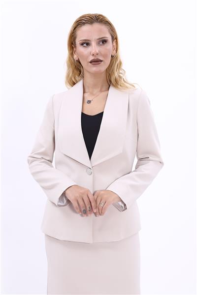 Yakalı Tek Düğme Klasik Kadın Ceket-Bej