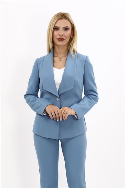 Yakalı Tek Düğme Klasik Kadın Ceket-Deniz