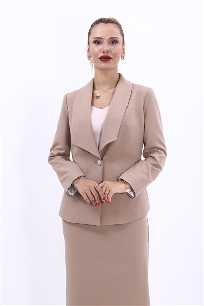 Yakalı Tek Düğme Klasik Kadın Ceket-Taş