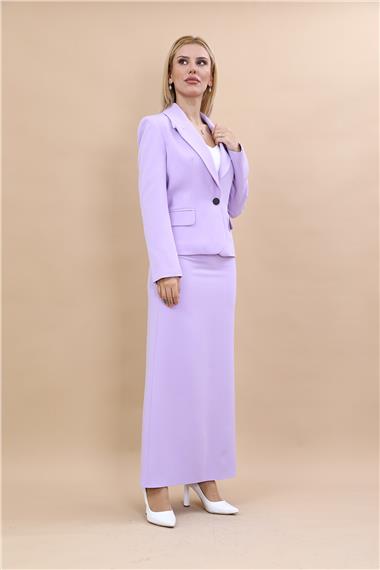 Erkek Yaka Tek Düğmeli Klasik Ceket & Uzun Düz Dar Etek-Menekşe