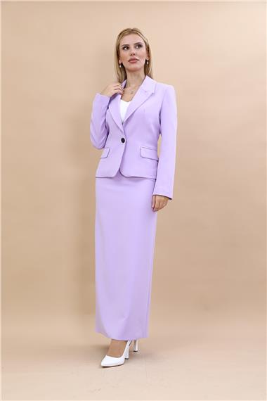 Erkek Yaka Tek Düğmeli Klasik Ceket & Uzun Düz Dar Etek-Menekşe