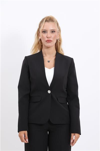 Yakasız Tek Düğme Klasik kadın Ceket-Siyah