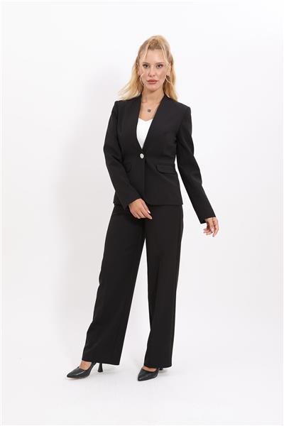 Yakasız Tek Düğmeli Klasik Ceket & Bol Paça Pantolon Kadın Takım Elbise-Siyah