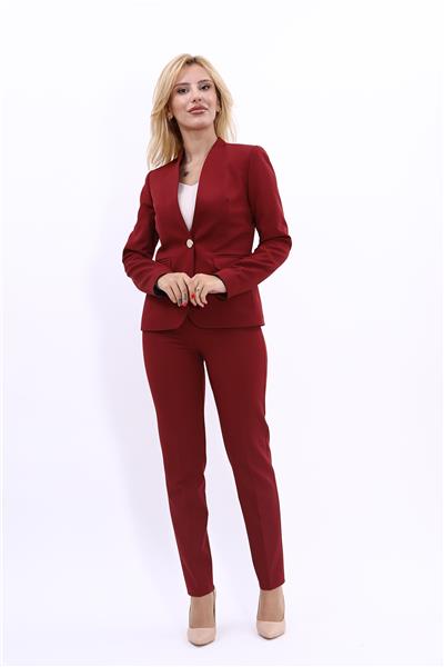 Yakasız Tek Düğmeli klasik Ceket & Dar Paça Pantolon Kadın Takım Elbise -Bordo