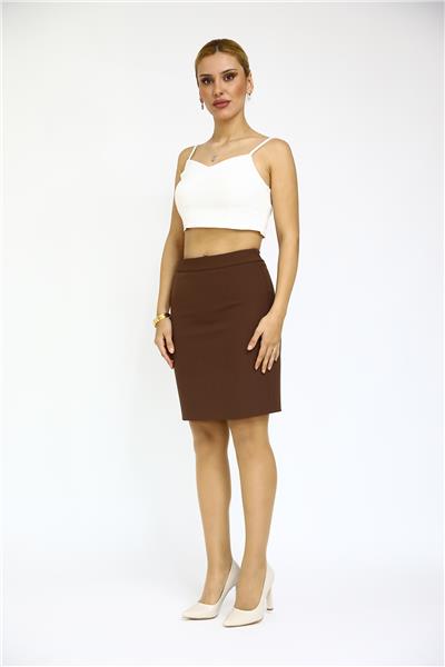 Yırtmaçlı Düz Dar Etek-Kestane