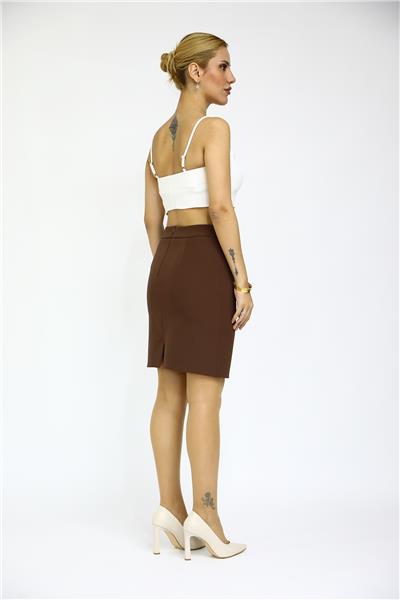 Yırtmaçlı Düz Dar Etek-Kestane