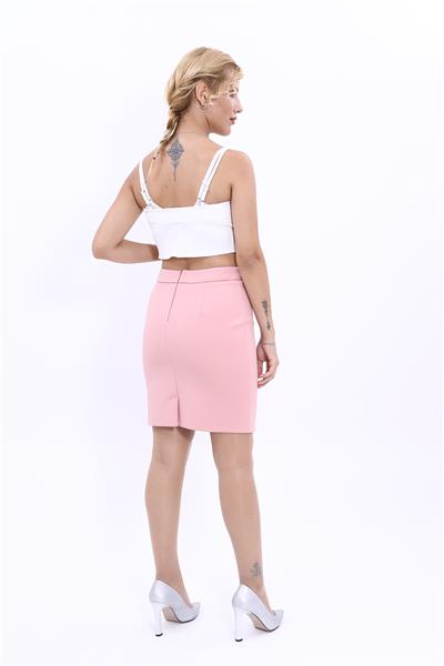 Yırtmaçlı Düz Dar Etek-Pudra