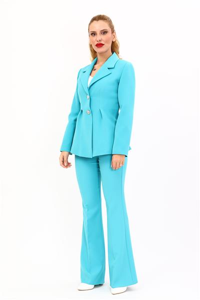 Yonca Ceket & İspanyol  Paça Pantolon Takım-Turkuaz