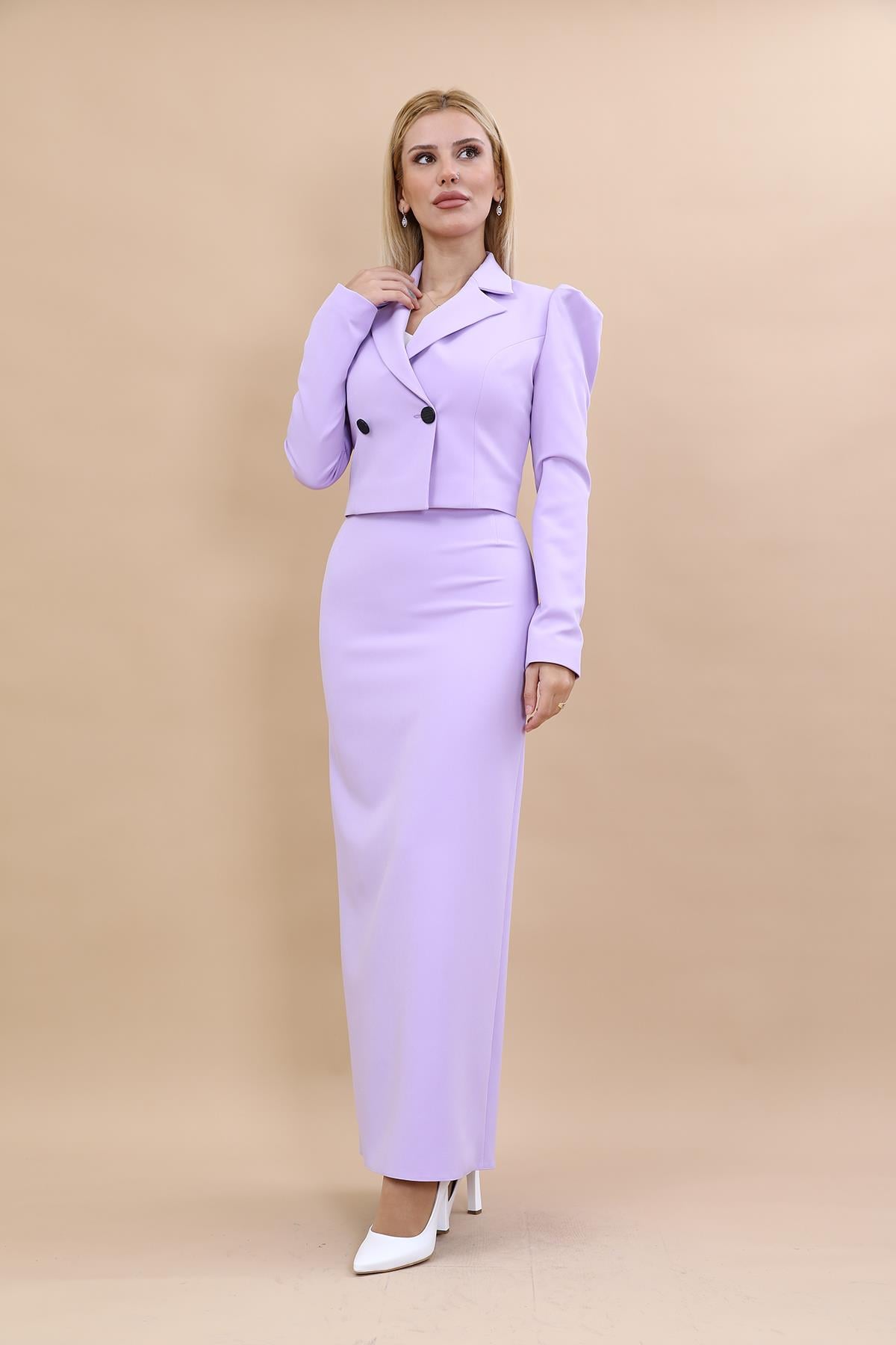  Drape Ceket & Uzun Kalem Etek Takım-Menekşe Önder Özsoy 1057553 Tek Düğme Mini Ceket & Uzun Kalem Etek Takım