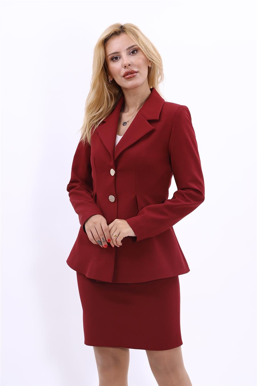  Pileli Modern Kadın Ceket-Bordo Önder Özsoy 1127100 Ara Boy Ceket