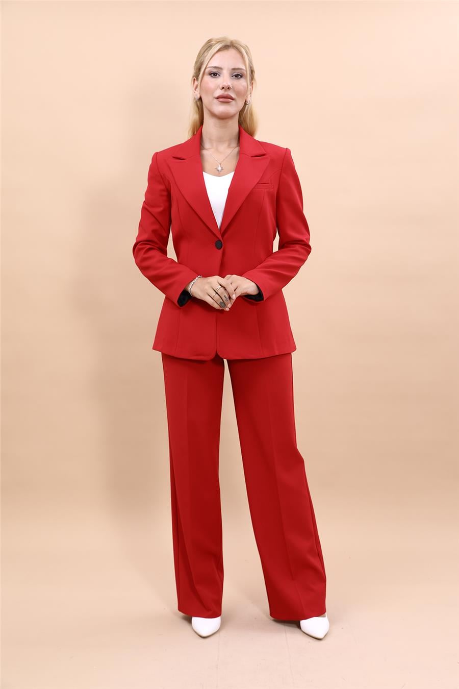  Tek Düğmeli Klasik Blazer Ceket & Bol Paça Pantolon Kadın Takım Elbise-Kırmızı Önder Özsoy 1125520 Pantolon Ceket Takım