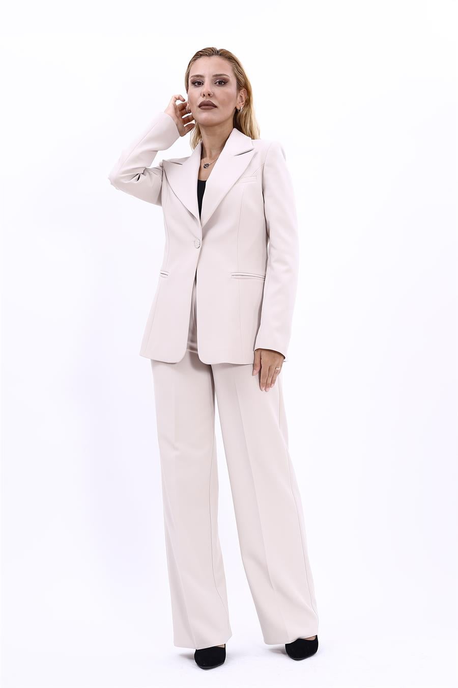  Tek Düğmeli Klasik Blazer Ceket & Bol Paça Pantolon Kadın Takım Elbise-Bej Önder Özsoy 1125520 Pantolon Ceket Takım