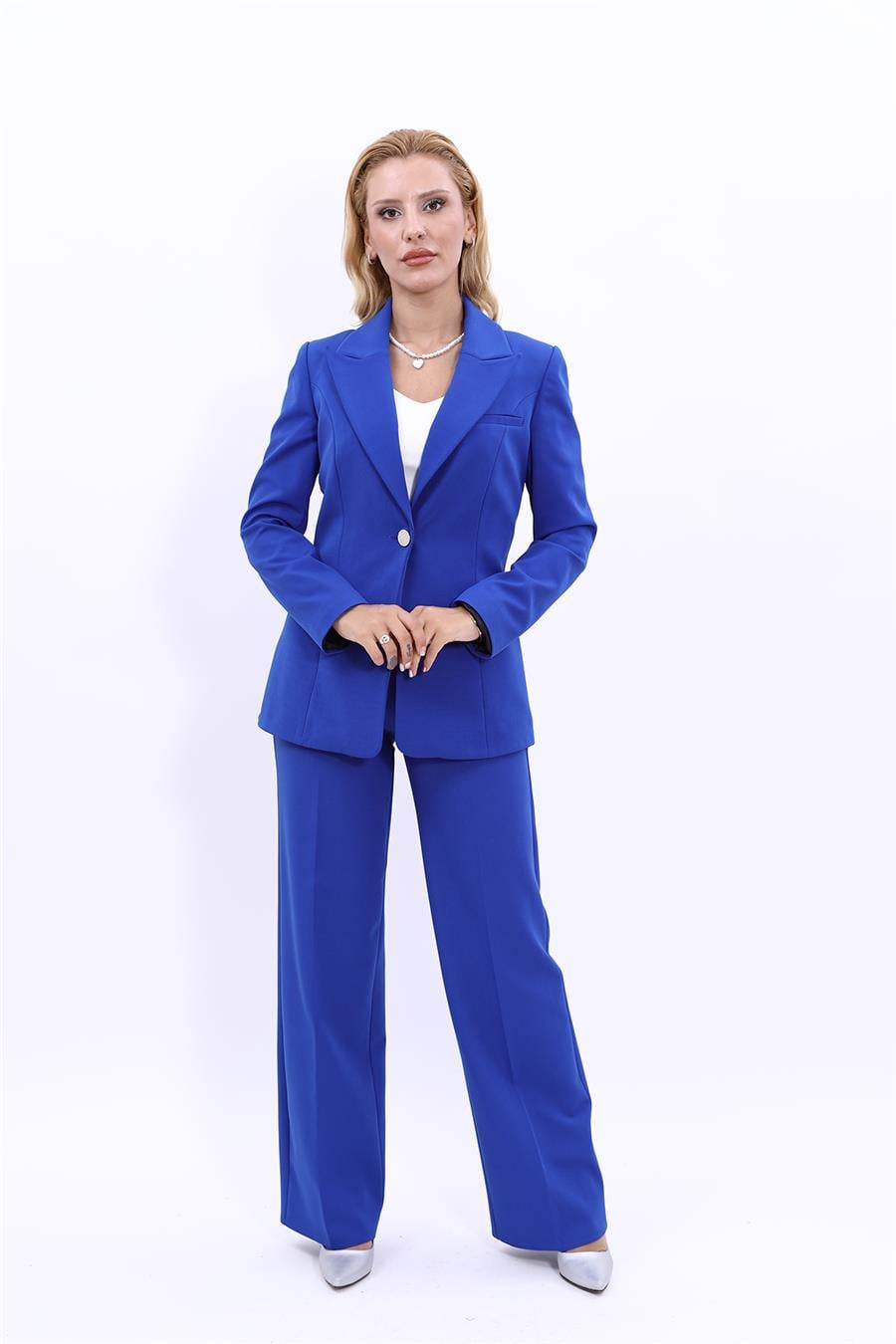  Tek Düğmeli Klasik Blazer Ceket & Bol Paça Pantolon Kadın Takım Elbise-Saks Önder Özsoy 1125520 Pantolon Ceket Takım