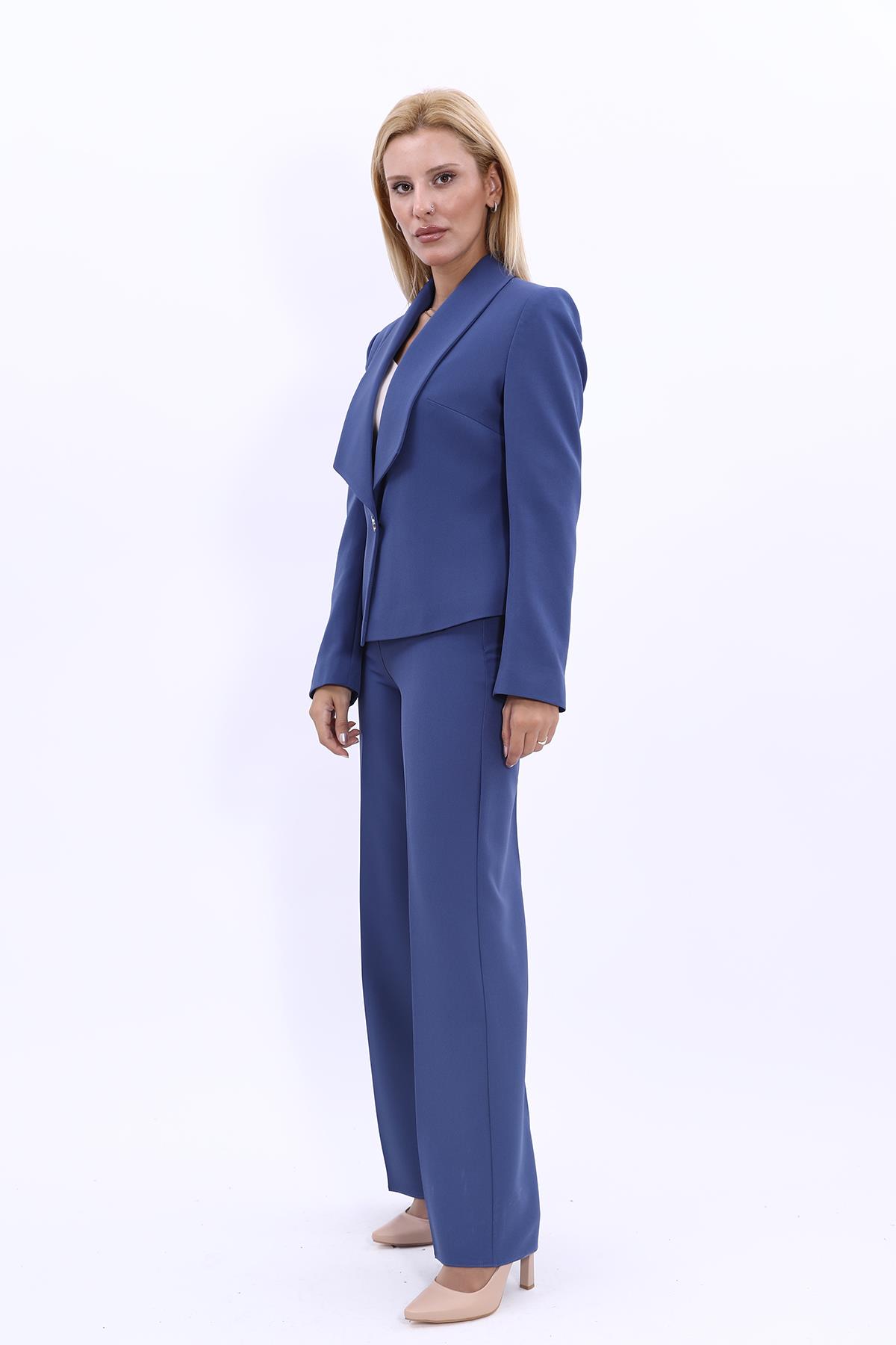 Tek Düğmeli Klasik Modern Ceket & Bol Paça Pantolon Kadın Takım Elbise-İndigo Önder Özsoy 1132520 Pantolon Ceket Takım