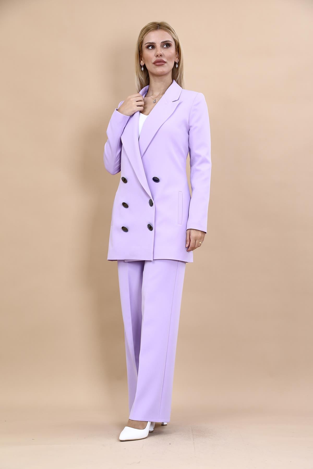  Uzun Klasik Blazer Ceket & Bol Paça Pantolon Takım-Menekşe Önder Özsoy 1066520 Uzun Klasik Blazer Ceket & Bol Paça Pantolon Takım