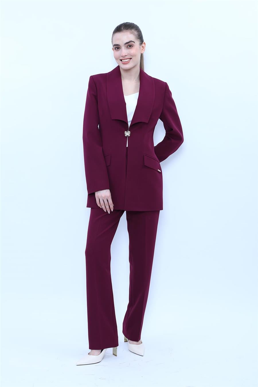Amerikan Yaka Uzun Ceket & Kemerli Boru Paça Pantolon-Mürdüm Önder Özsoy 1087505 Pantolon Ceket Takım