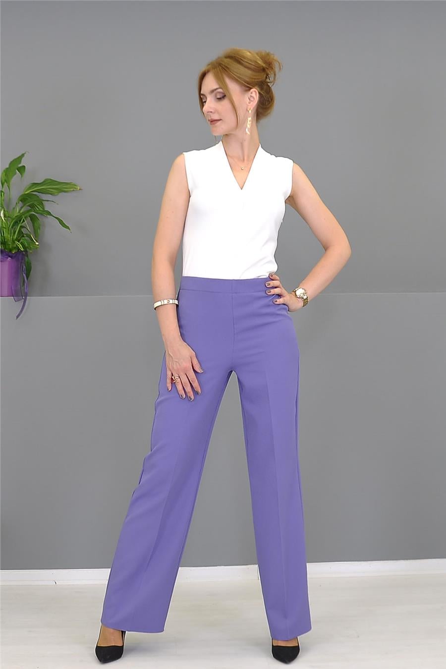 Beli Lastikli Rahat Bol Paça Kadın Pantolon-Lila Önder Özsoy 5102100 Bol Paça Pantolon