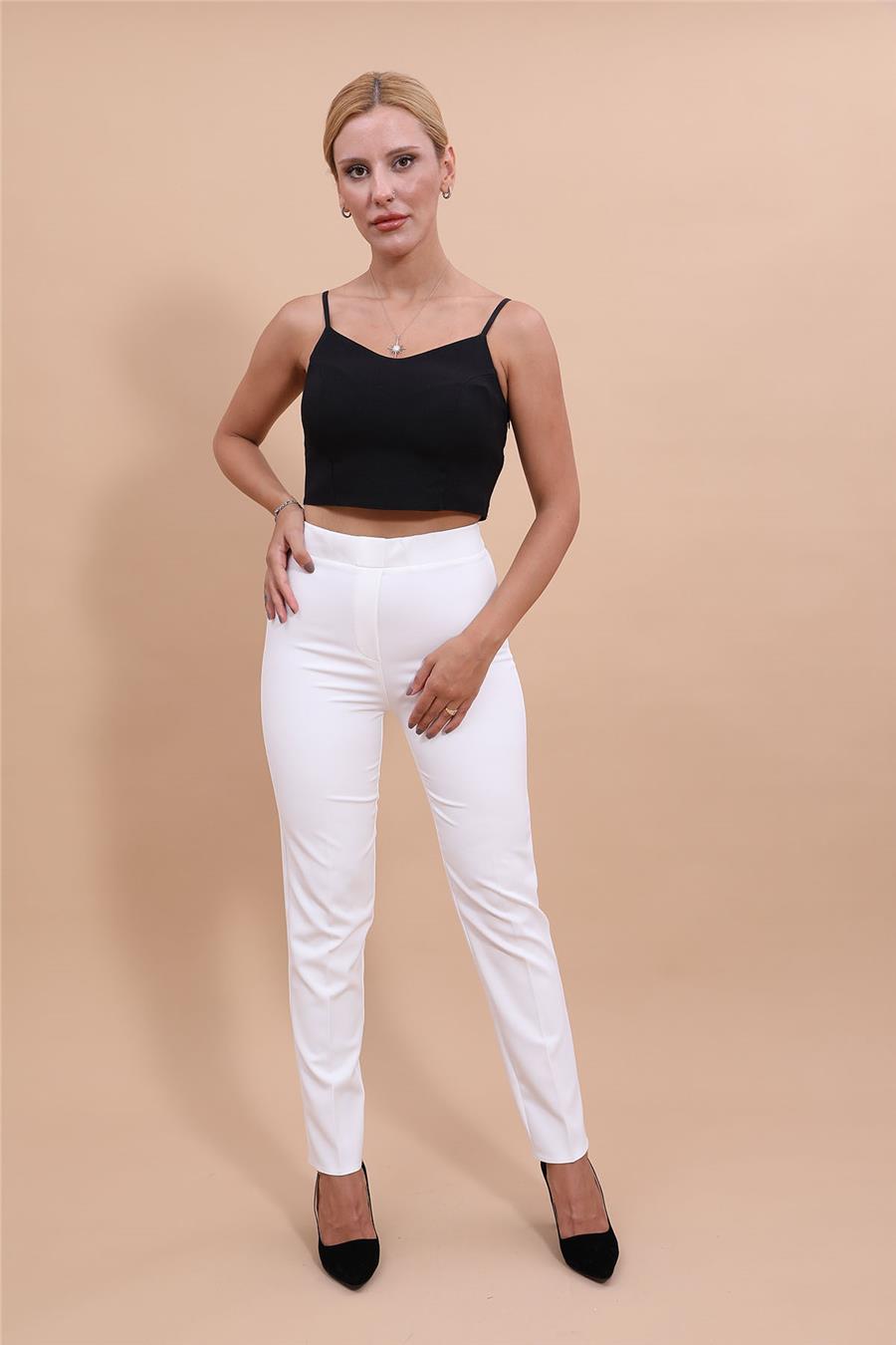 Beli Lastikli Rahat Dar Paça Kadın Pantolon-Beyaz Önder Özsoy 5114100 Dar Paça Pantolon