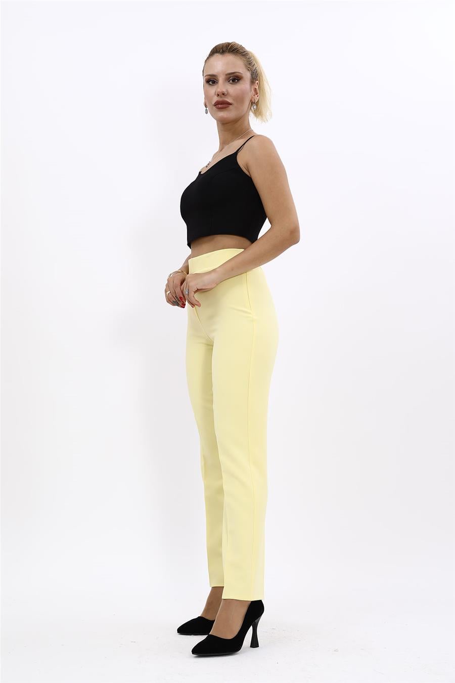Beli Lastikli Rahat Dar Paça Kadın Pantolon-Sarı Önder Özsoy 5114100 Dar Paça Pantolon