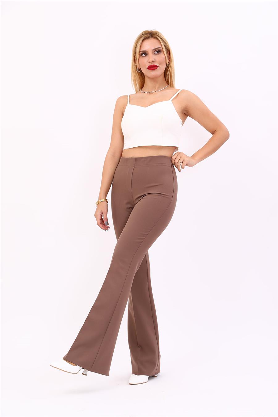 Beli Lastikli Rahat İspanyol Paça Kadın Pantolon-Kahve Önder Özsoy 5103100 İspanyol Paça Pantolon
