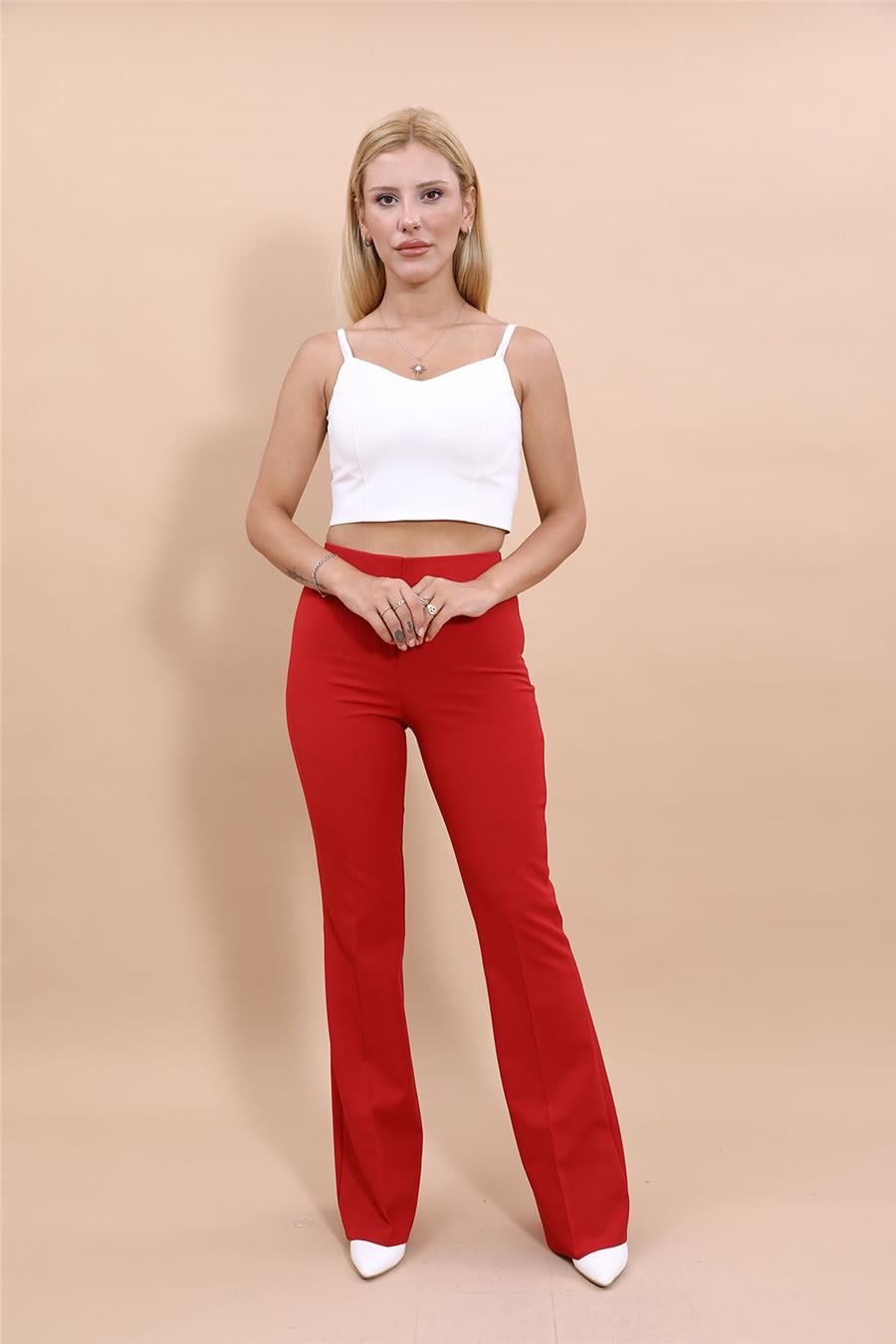 Beli Lastikli Rahat İspanyol Paça Kadın Pantolon-Kırmızı Önder Özsoy 5103100 İspanyol Paça Pantolon