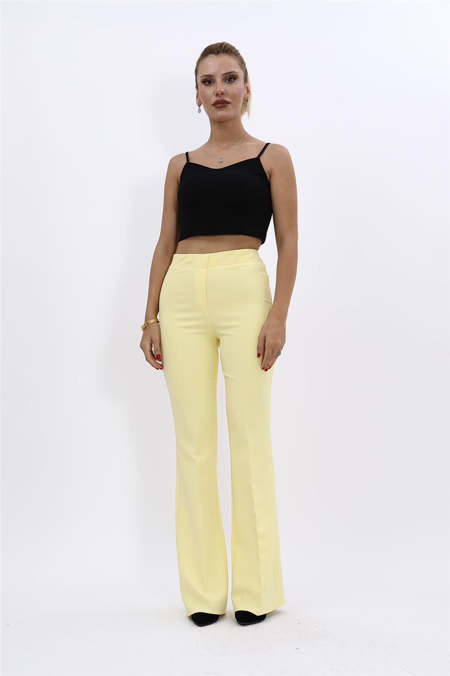 Beli Lastikli Rahat İspanyol Paça Kadın Pantolon-Sarı Önder Özsoy 5103100 İspanyol Paça Pantolon