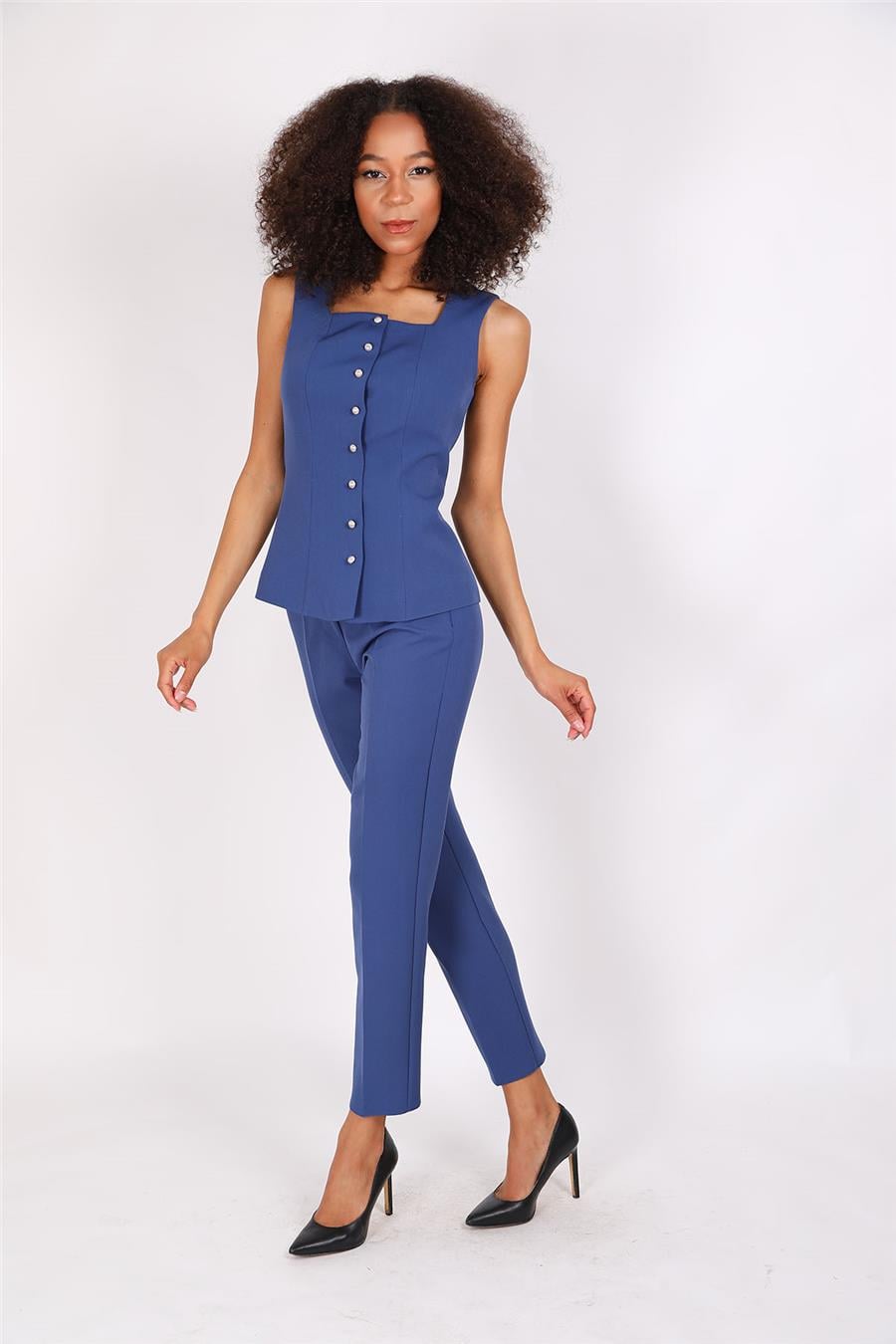 Boydan Düğmeli Yelek & Boru Paça Pantolon Takım-İndigo Önder Özsoy 1511510 Yelek Takım