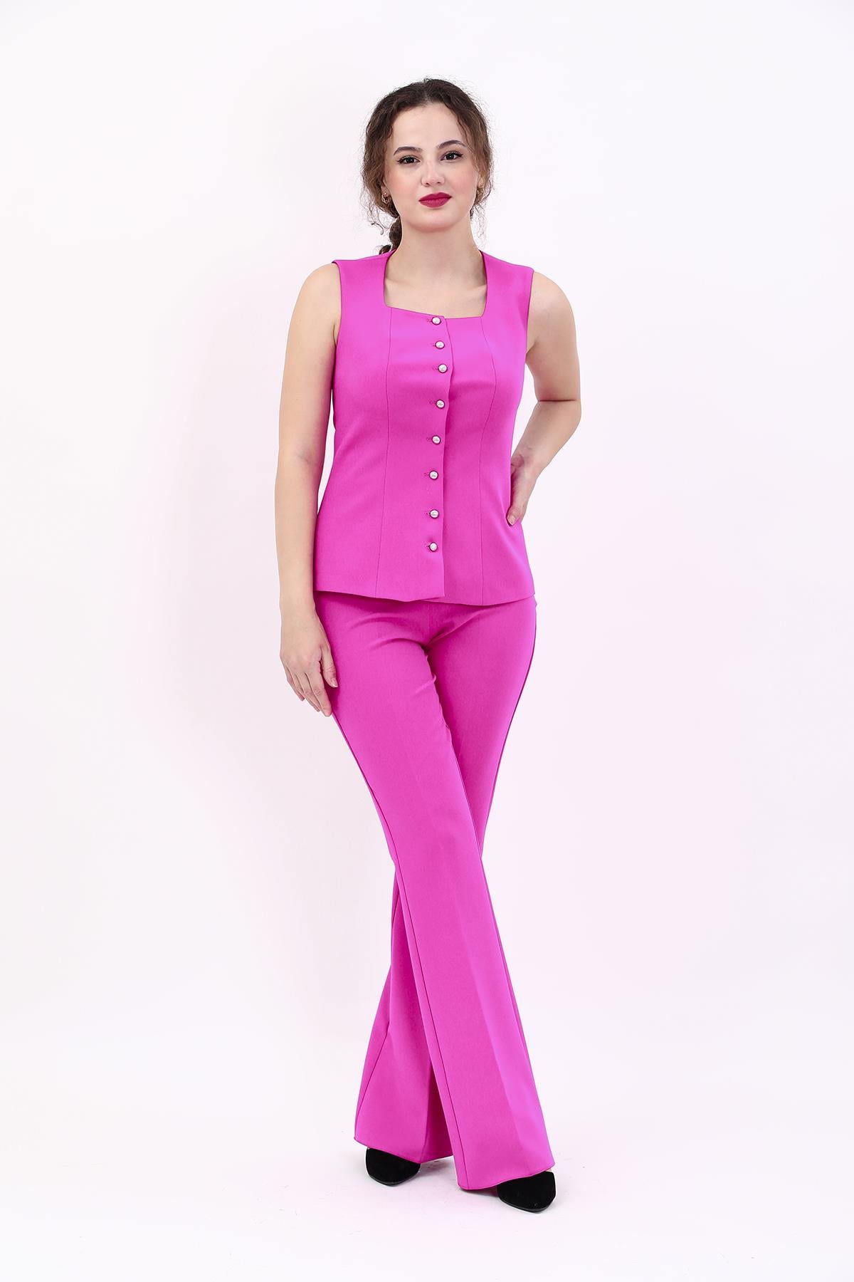 Boydan Düğmeli  Yelek & İspanyol  Paça Pantolon Takım-Fuşya Önder Özsoy 1511530 Boydan Düğmeli  Yelek & İspanyol  Paça Pantolon Takım
