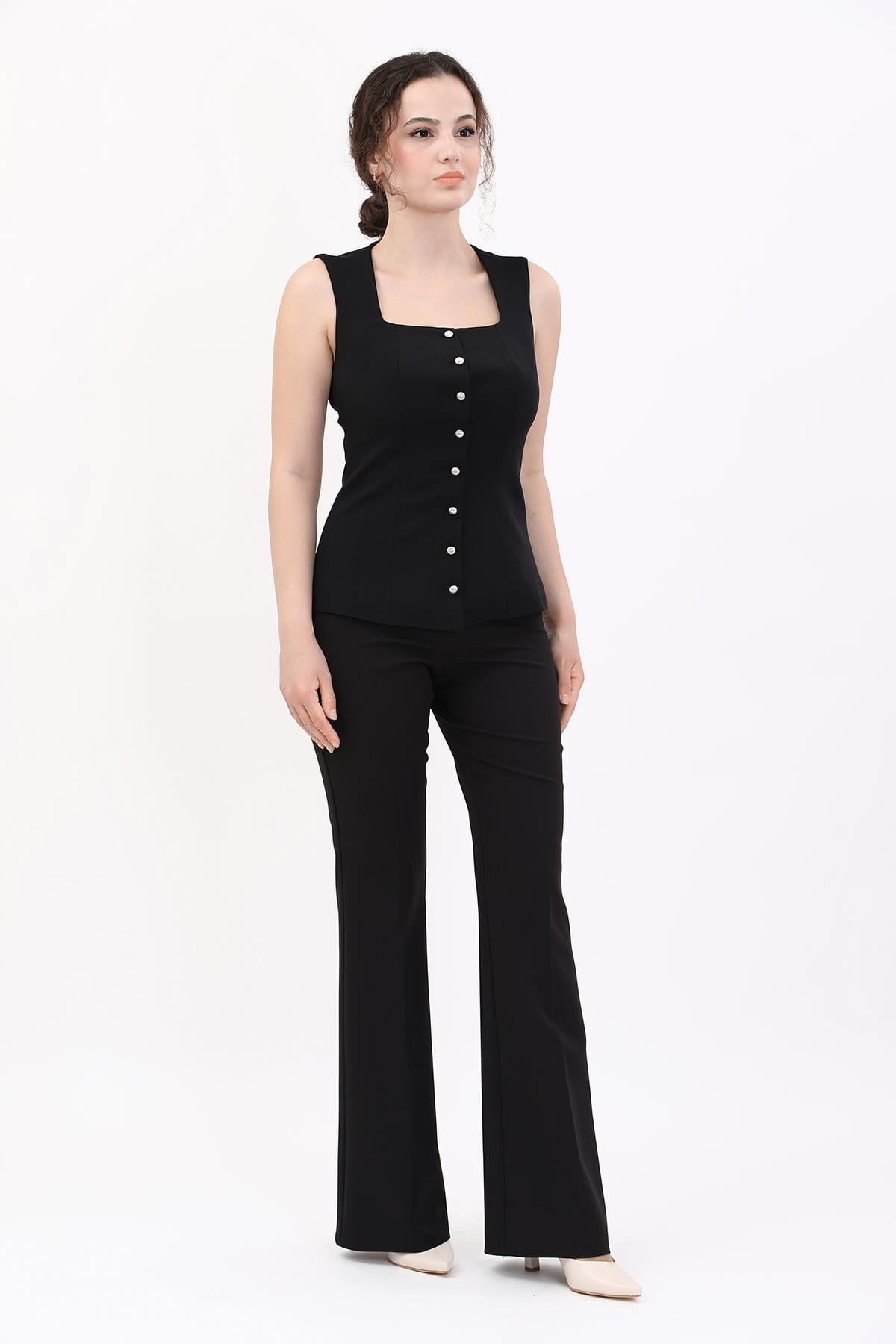 Boydan Düğmeli  Yelek & İspanyol  Paça Pantolon Takım-Siyah Önder Özsoy 1511530 Boydan Düğmeli  Yelek & İspanyol  Paça Pantolon Takım