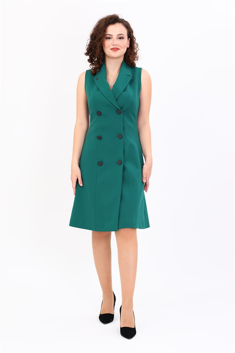 Ceket Yaka Sıfır Kol Kruvaze Kadın Elbise-Zümrüt Önder Özsoy 9142100 Ceket Elbise